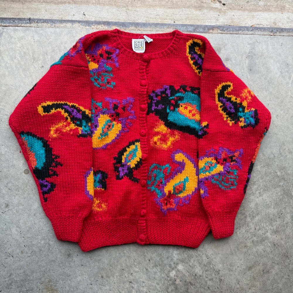 Vintage Crescendo Wool Cardigan Sweater Red Abstract Paisley Chunky Knit Small